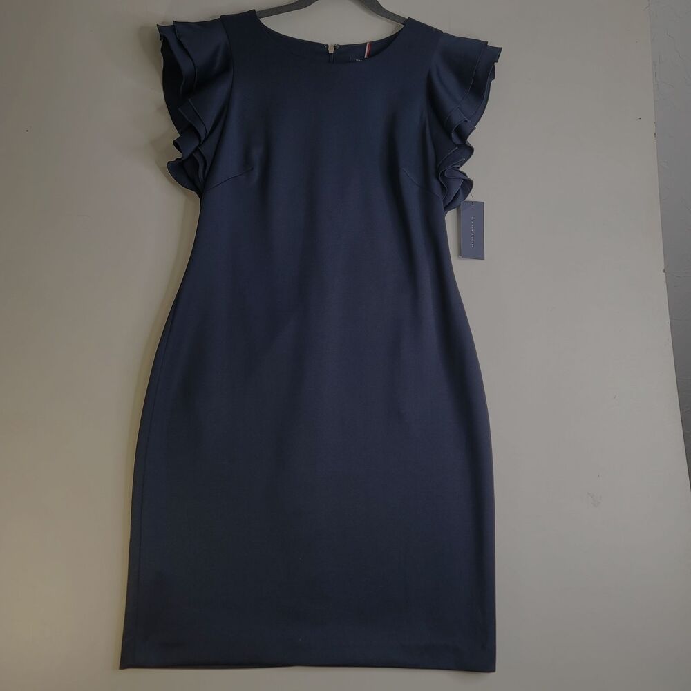 Tommy Hilfiger Flutter Ruffle Sleeve Smooth Textured Shapely Navy Dress Size 12